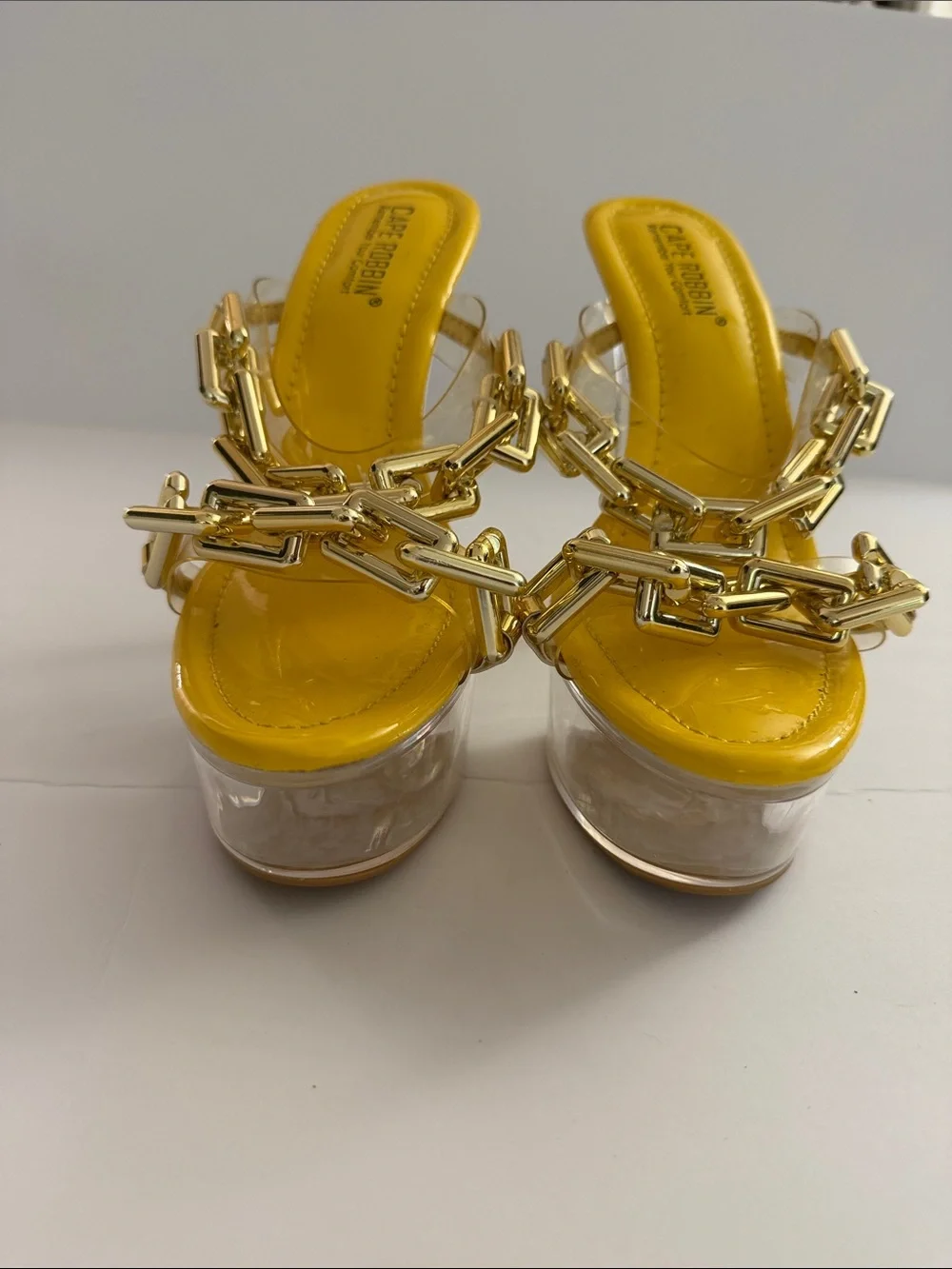 Cape Robbin Yellow Clear Platform Sandals with Gold Chain Trim